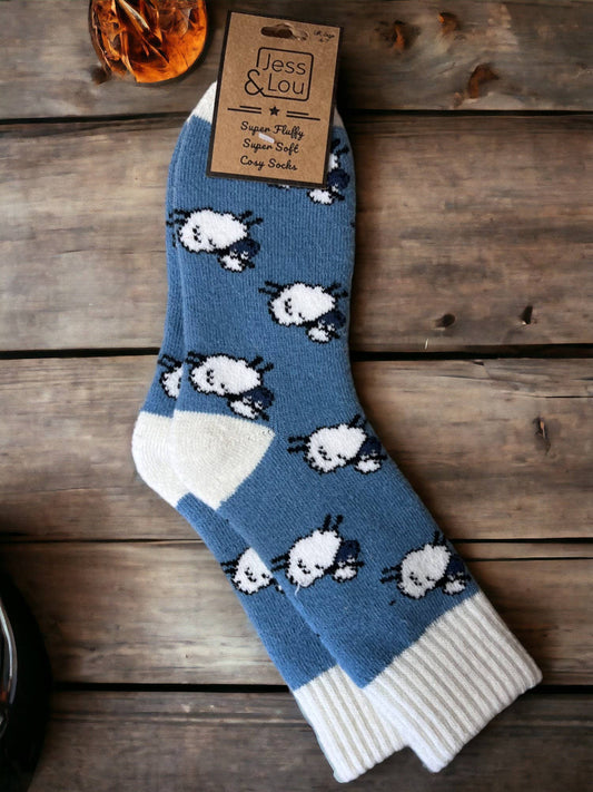 Shaggy Sheep Ribbed Ladies Socks : Blue