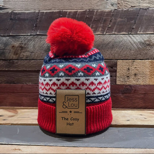 Unisex Red Nordic Cosy Bobble Hat HL874