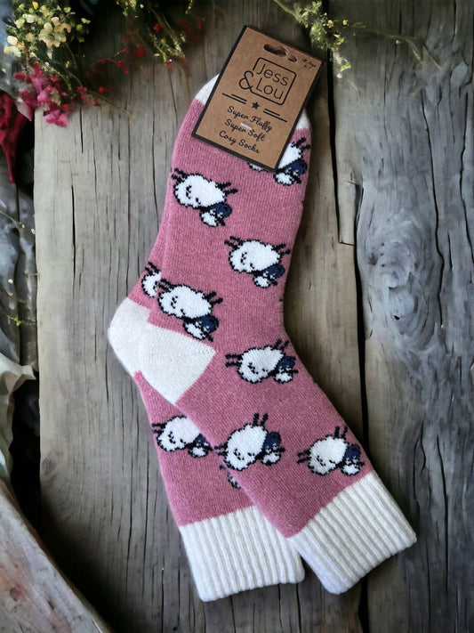 Shaggy Sheep Ribbed Ladies Socks : Pink