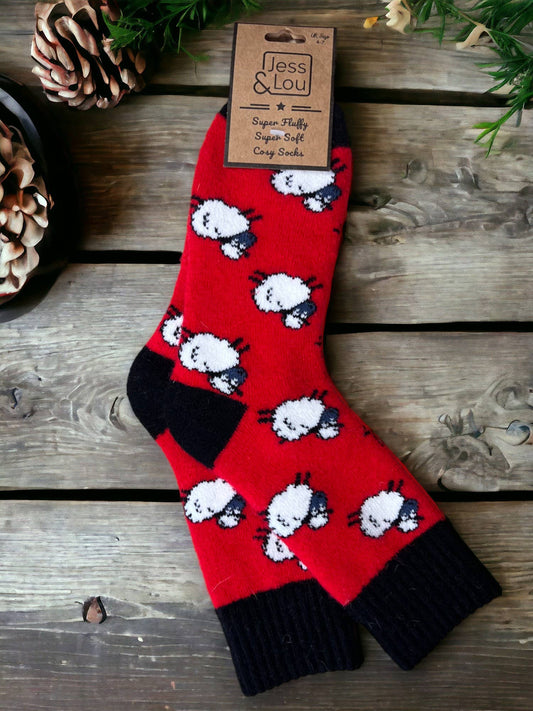 Shaggy Sheep Ribbed Ladies Socks : Red
