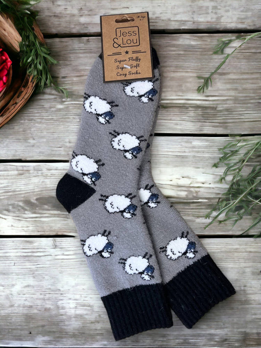 Shaggy Sheep Ribbed Ladies Socks : Grey