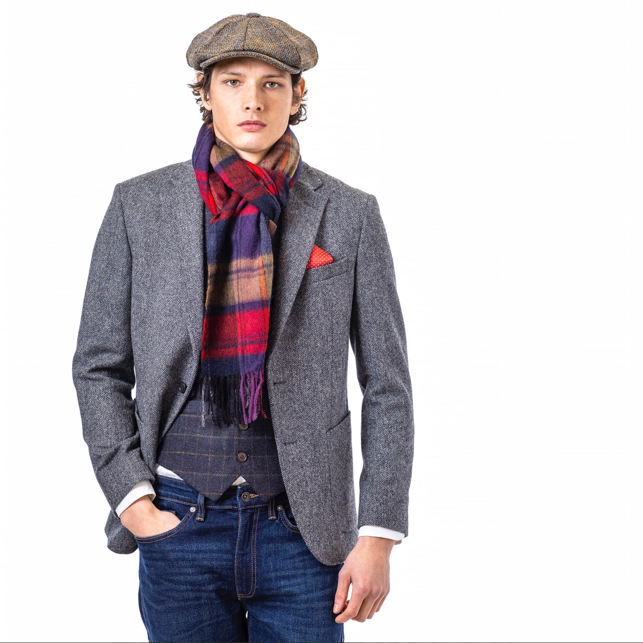 Tartan Woolen Heritage Traditions Scarf - Red Navy Gold Check